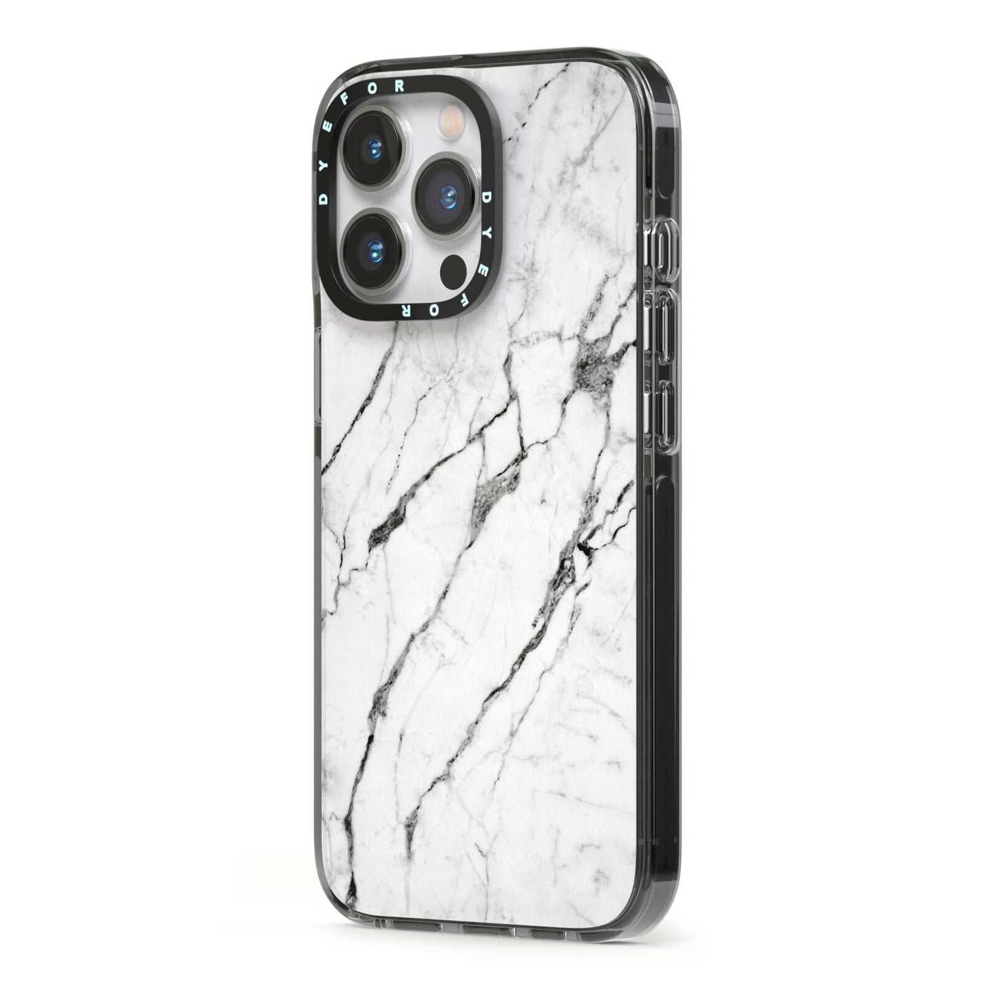 Marble White iPhone 13 Pro Black Impact Case Side Angle on Silver phone