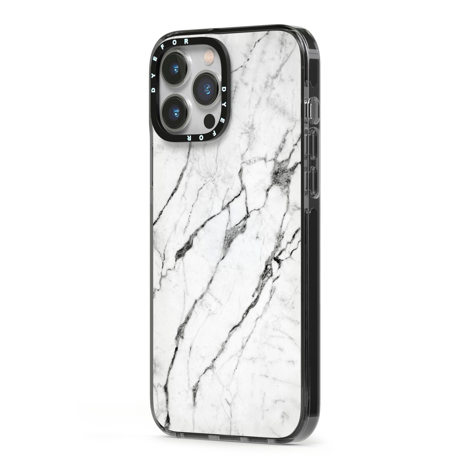 Marble White iPhone 13 Pro Max Black Impact Case Side Angle on Silver phone