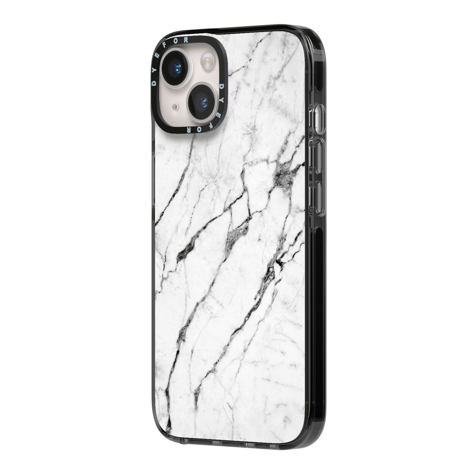 Marble White iPhone 14 Black Impact Case Side Angle on Silver phone