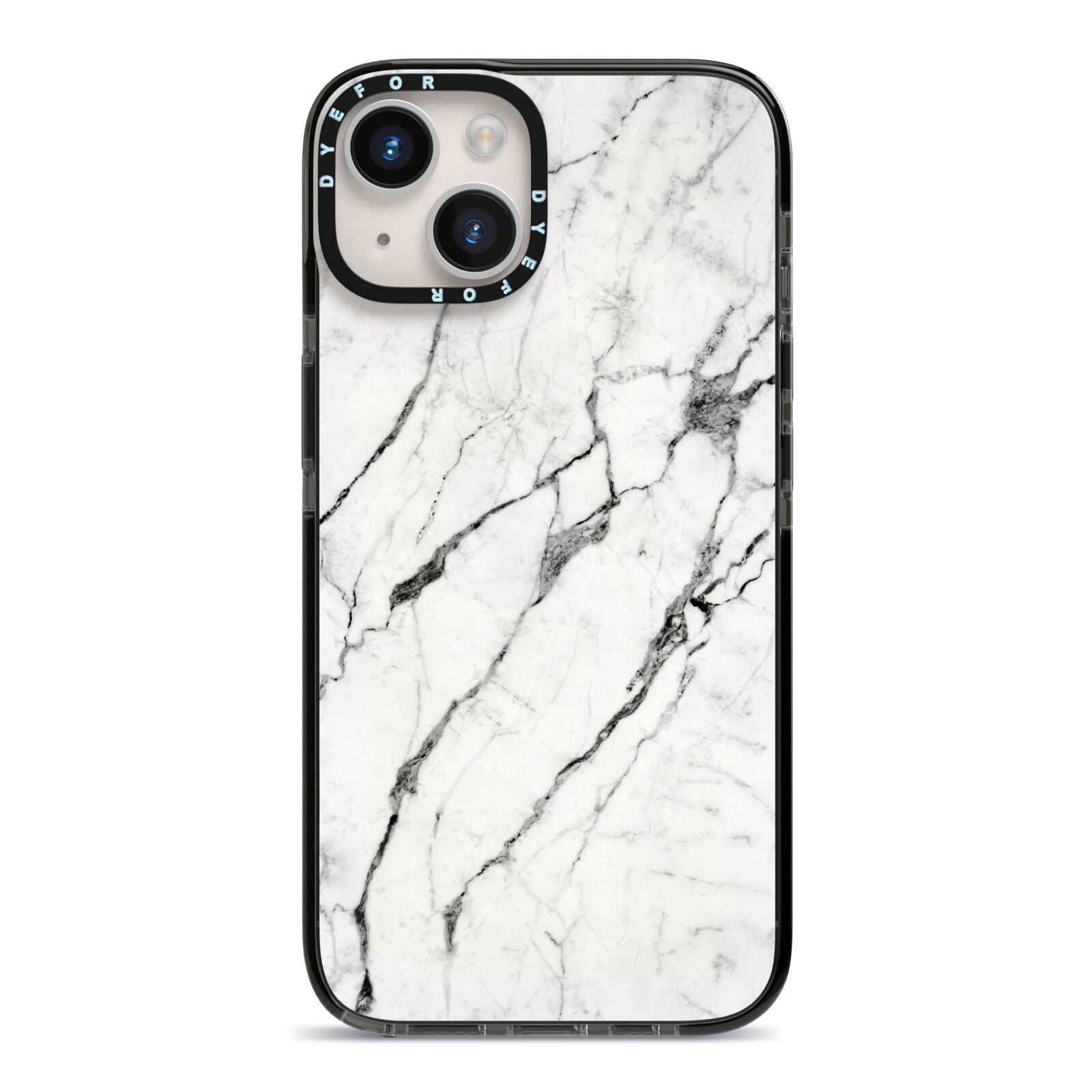 Marble White iPhone 14 Black Impact Case on Silver phone