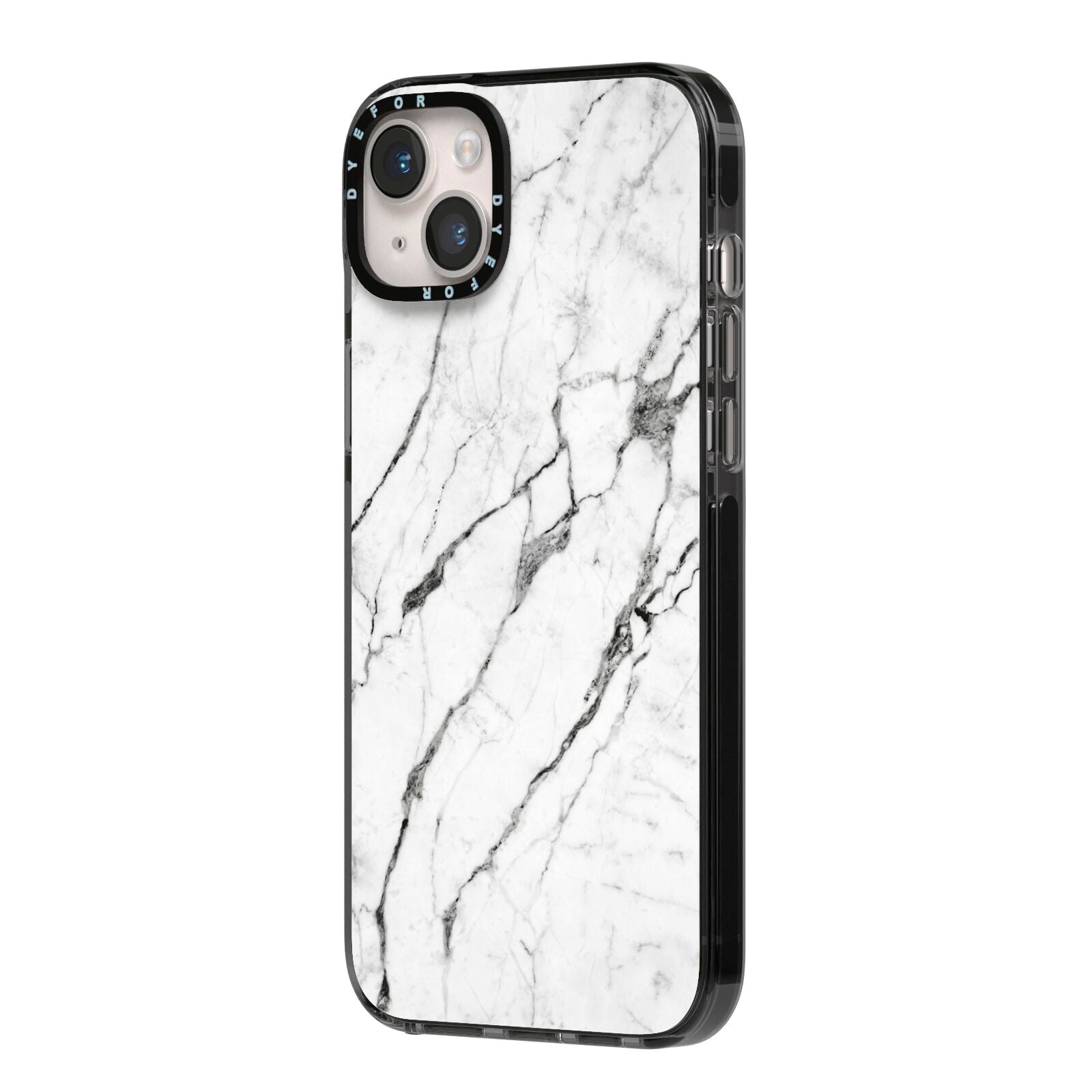 Marble White iPhone 14 Plus Black Impact Case Side Angle on Silver phone