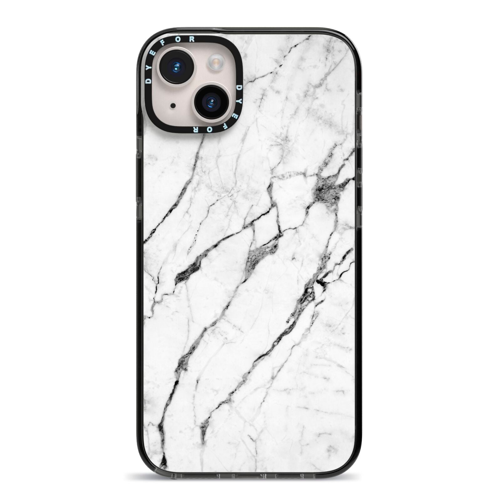 Marble White iPhone 14 Plus Black Impact Case on Silver phone