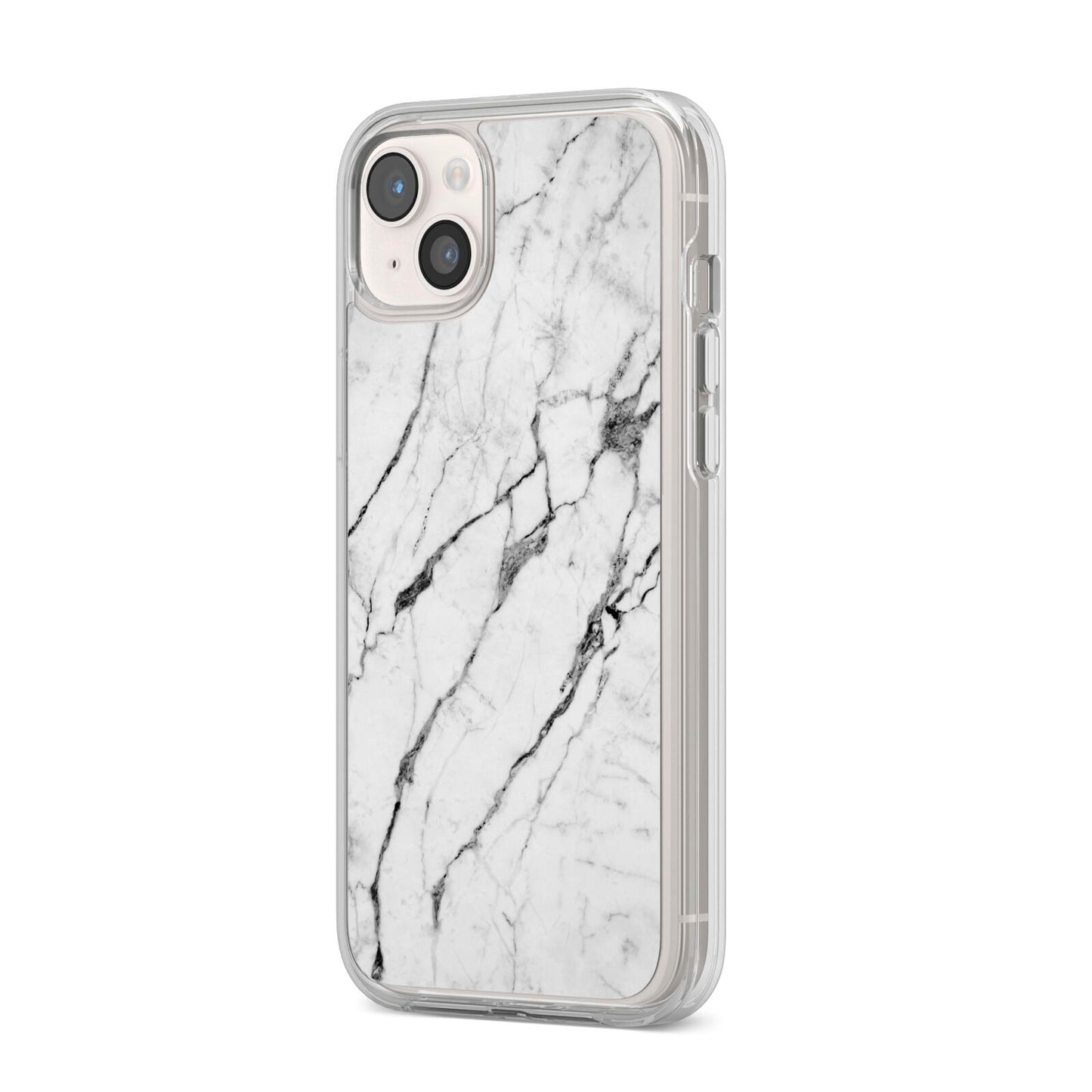 Marble White iPhone 14 Plus Clear Tough Case Starlight Angled Image
