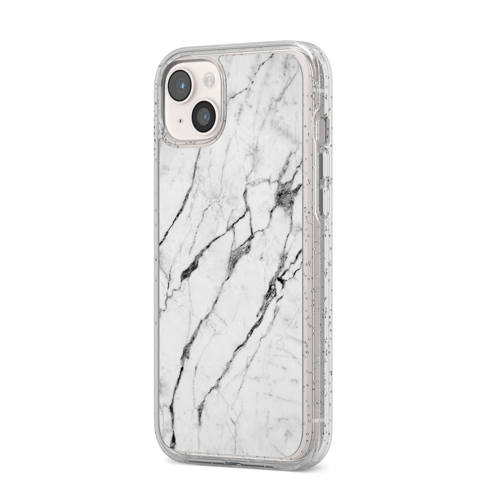 Marble White iPhone 14 Plus Glitter Tough Case Starlight Angled Image