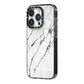 Marble White iPhone 14 Pro Black Impact Case Side Angle on Silver phone