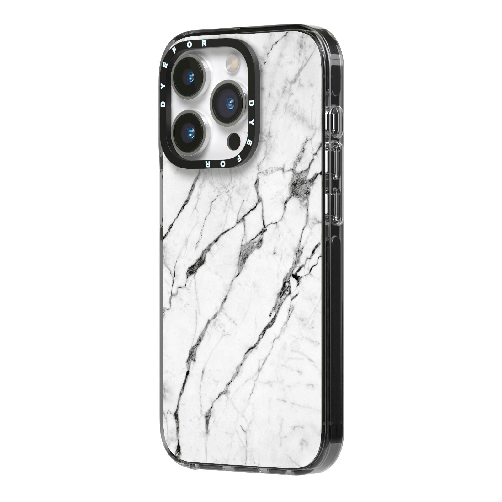 Marble White iPhone 14 Pro Black Impact Case Side Angle on Silver phone
