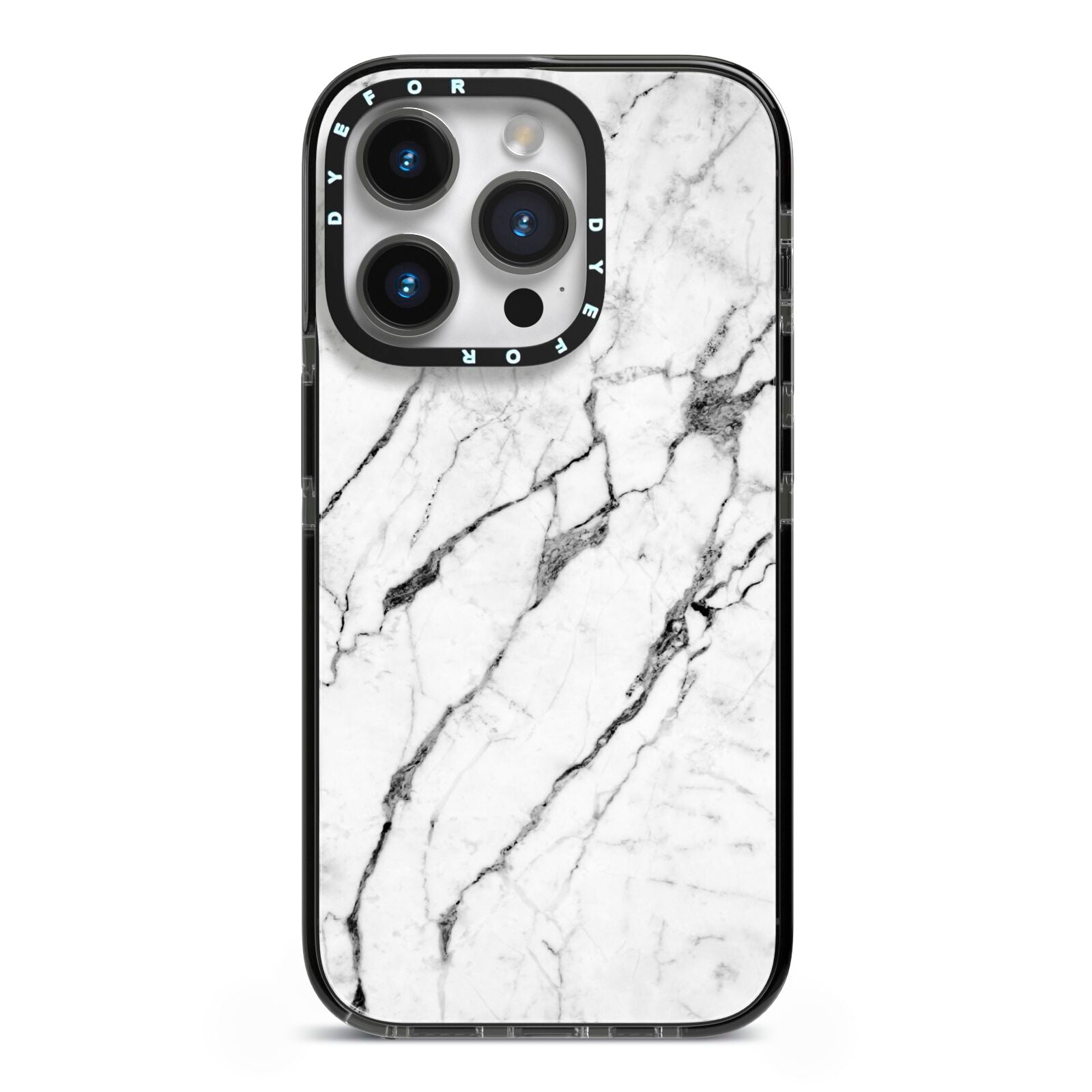 Marble White iPhone 14 Pro Black Impact Case on Silver phone