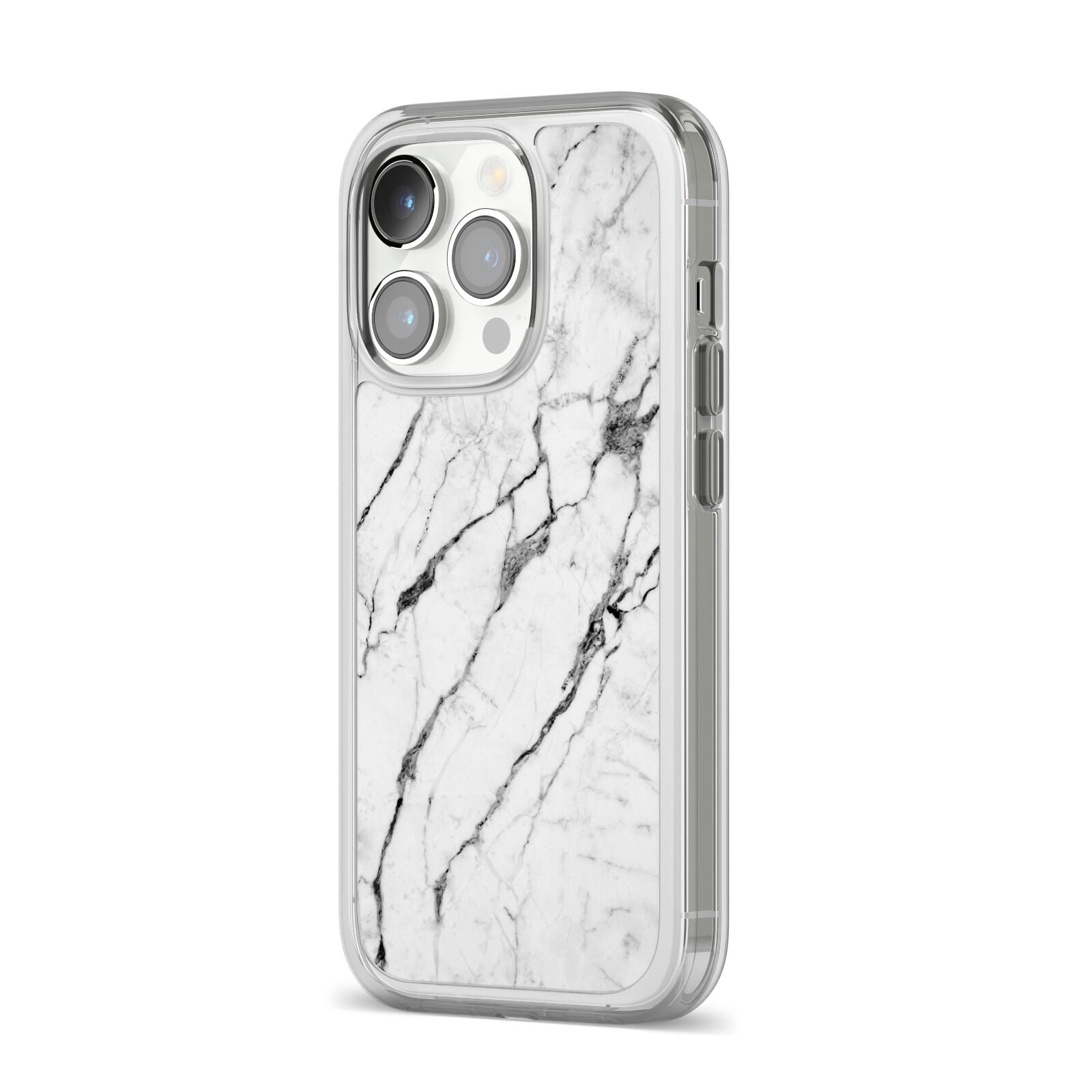 Marble White iPhone 14 Pro Clear Tough Case Silver Angled Image
