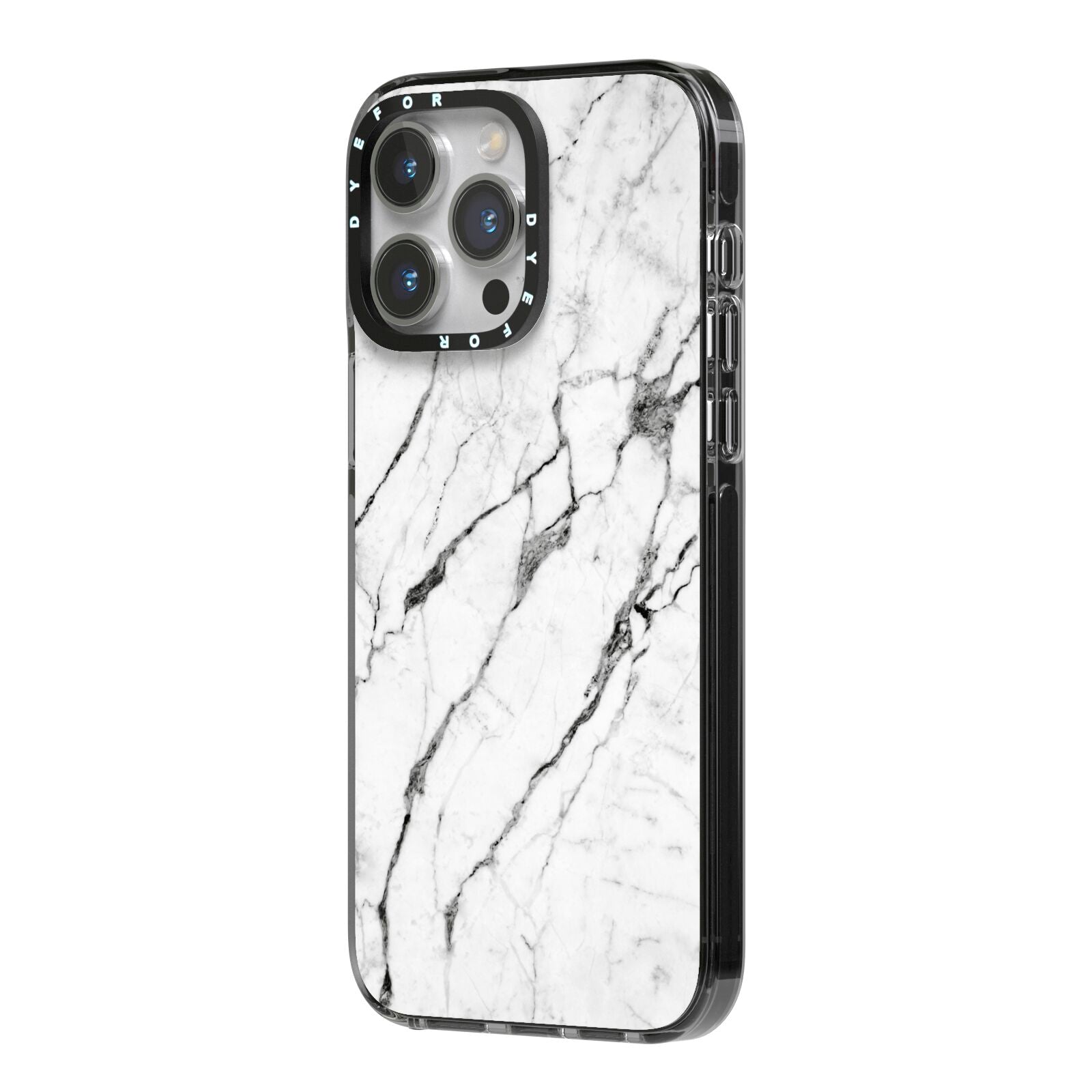 Marble White iPhone 14 Pro Max Black Impact Case Side Angle on Silver phone