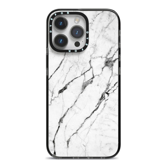 Marble White iPhone 14 Pro Max Black Impact Case on Silver phone