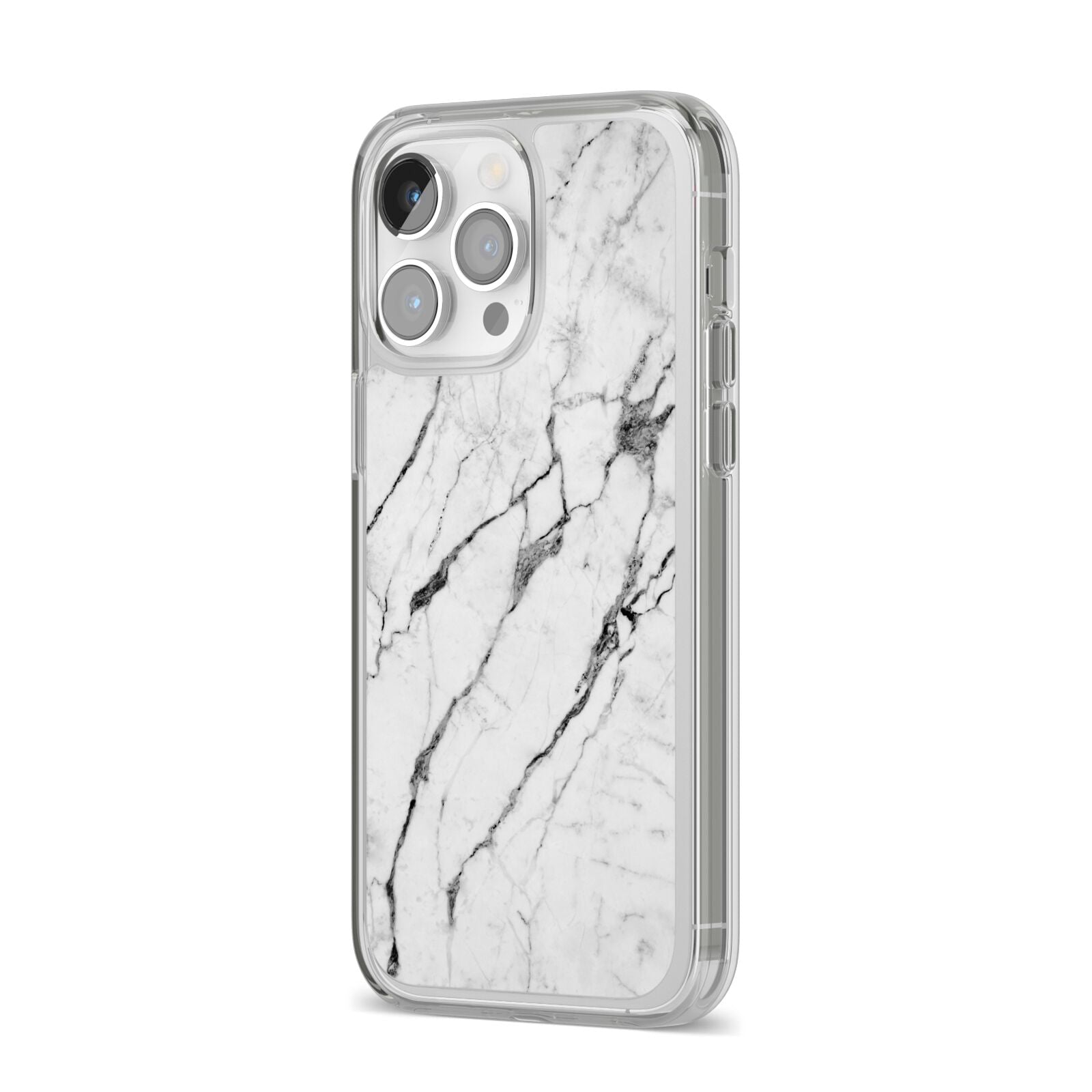 Marble White iPhone 14 Pro Max Clear Tough Case Silver Angled Image