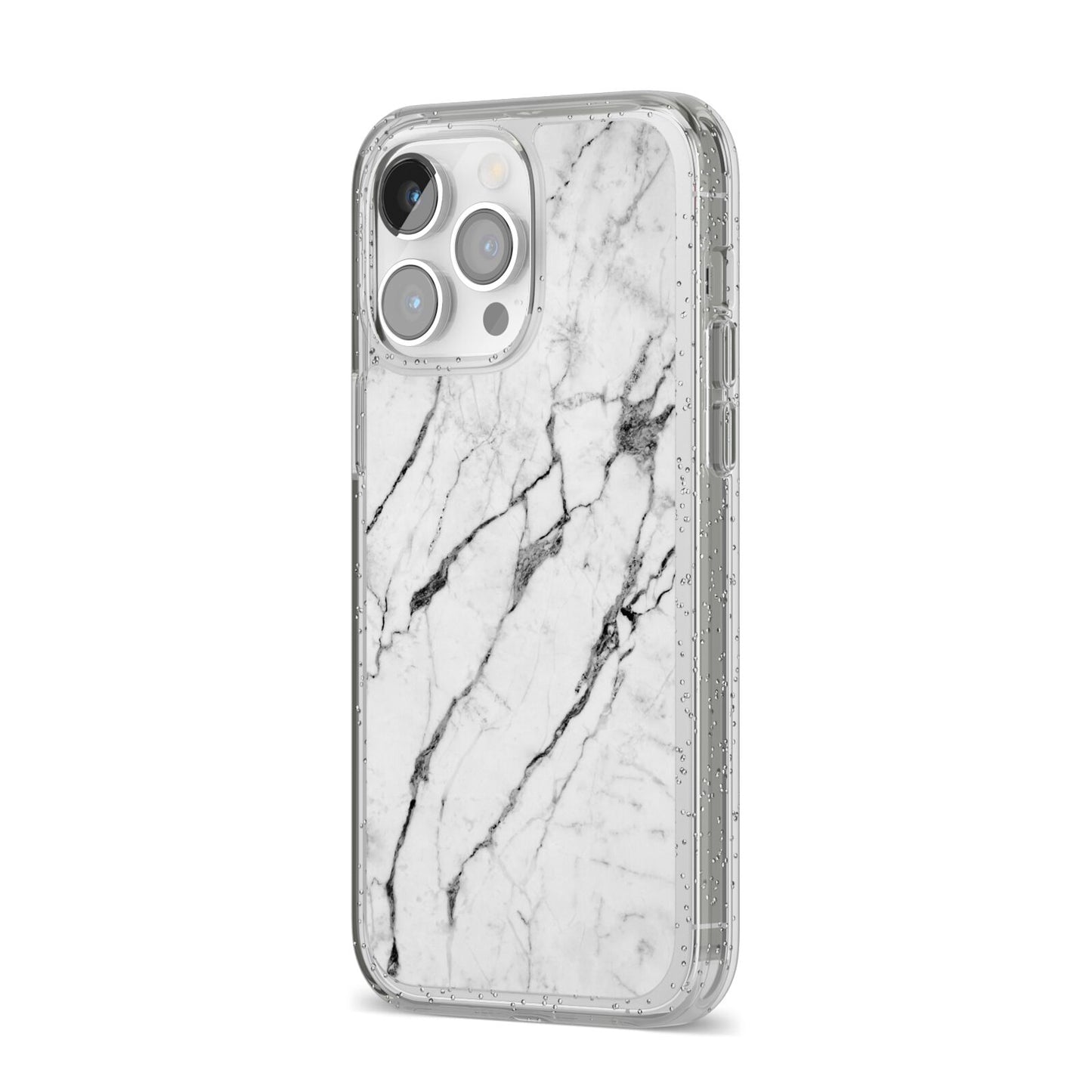 Marble White iPhone 14 Pro Max Glitter Tough Case Silver Angled Image