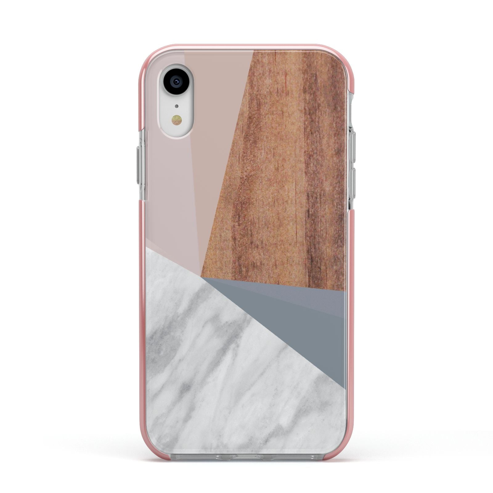 Marble Wood Geometric 1 Apple iPhone XR Impact Case Pink Edge on Silver Phone