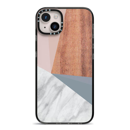 Marble Wood Geometric 1 iPhone 14 Plus Black Impact Case on Silver phone