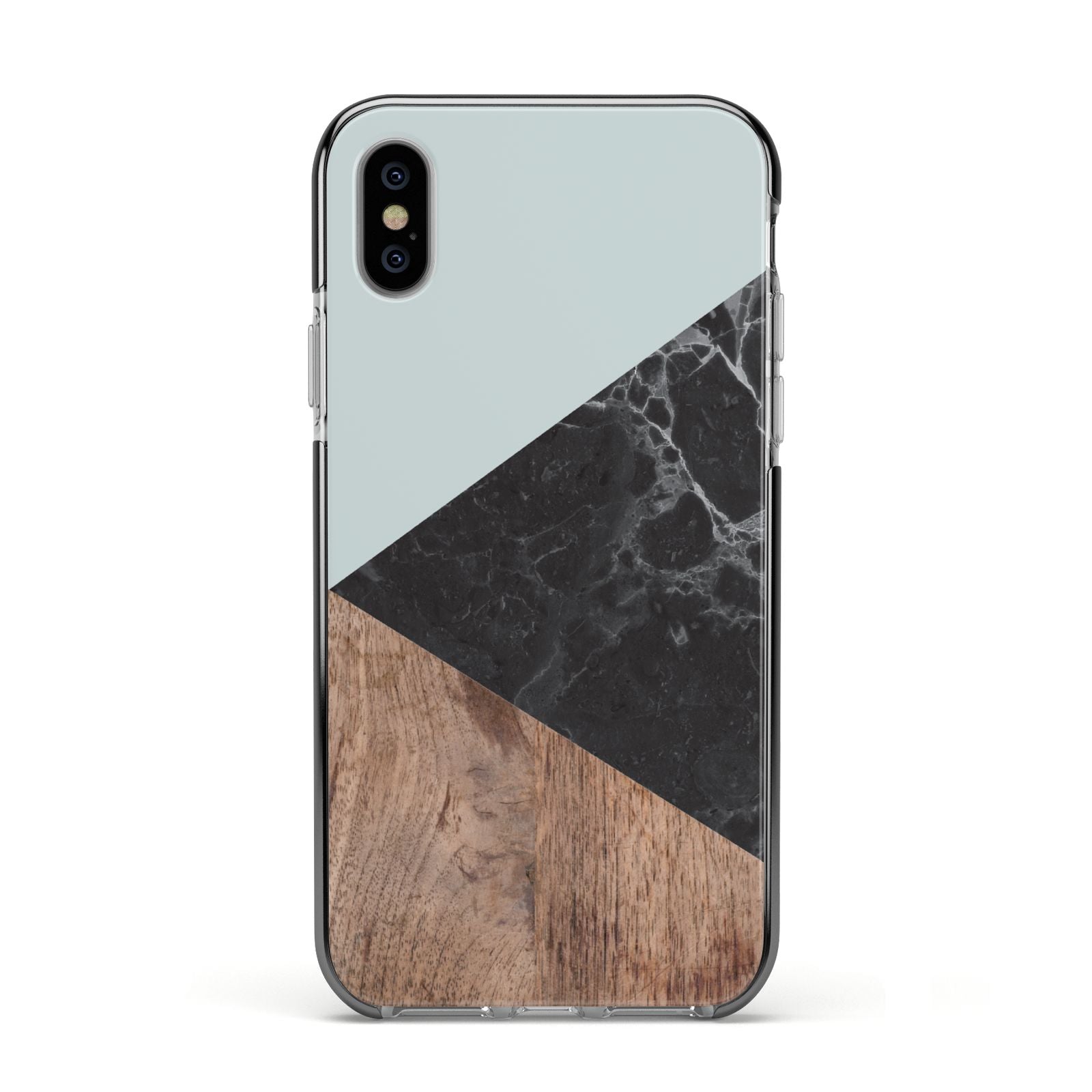 Marble Wood Geometric 2 Apple iPhone Xs Impact Case Black Edge on Silver Phone