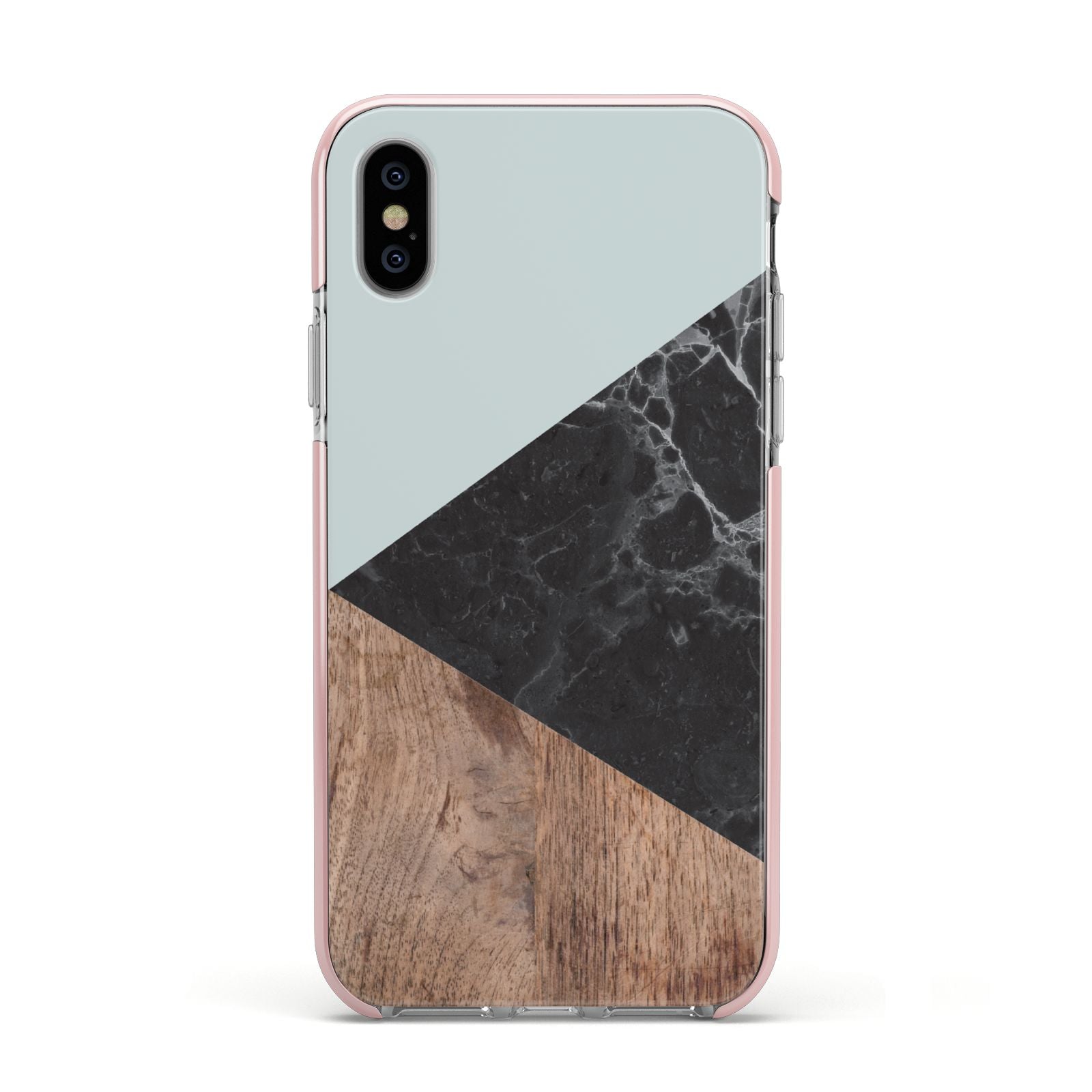 Marble Wood Geometric 2 Apple iPhone Xs Impact Case Pink Edge on Silver Phone