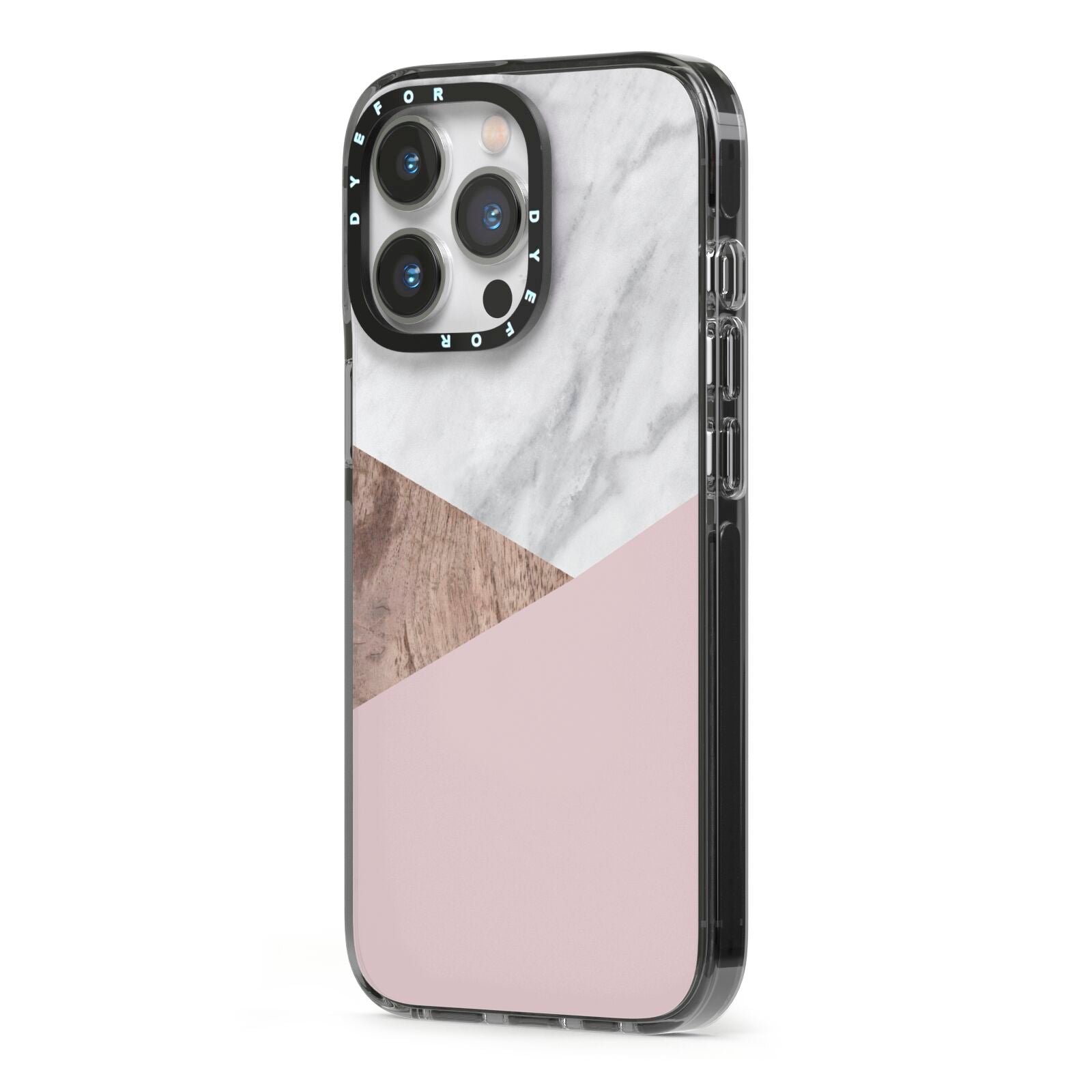 Marble Wood Geometric 3 iPhone 13 Pro Black Impact Case Side Angle on Silver phone