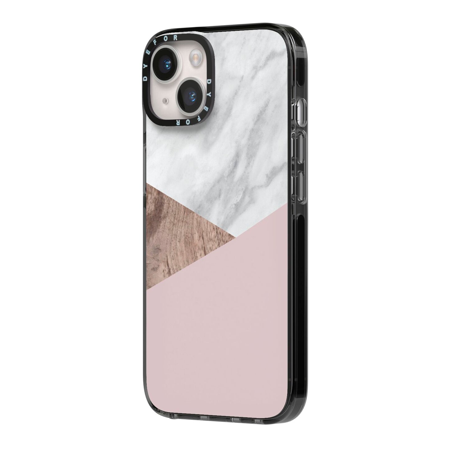 Marble Wood Geometric 3 iPhone 14 Black Impact Case Side Angle on Silver phone