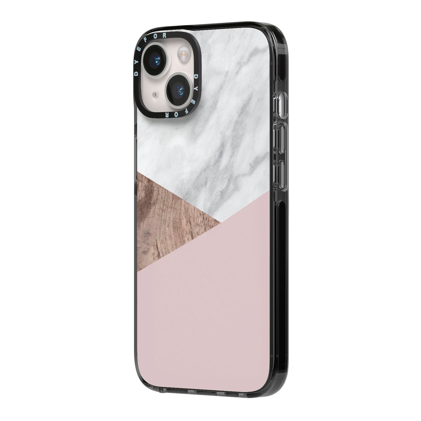 Marble Wood Geometric 3 iPhone 14 Black Impact Case Side Angle on Silver phone