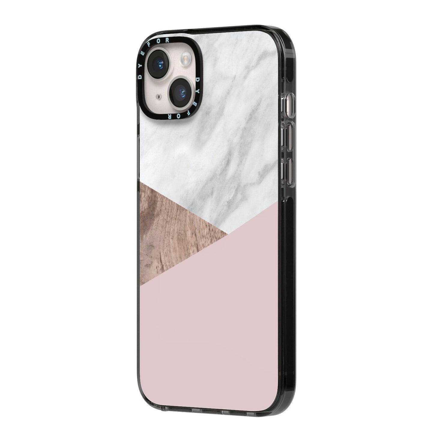 Marble Wood Geometric 3 iPhone 14 Plus Black Impact Case Side Angle on Silver phone