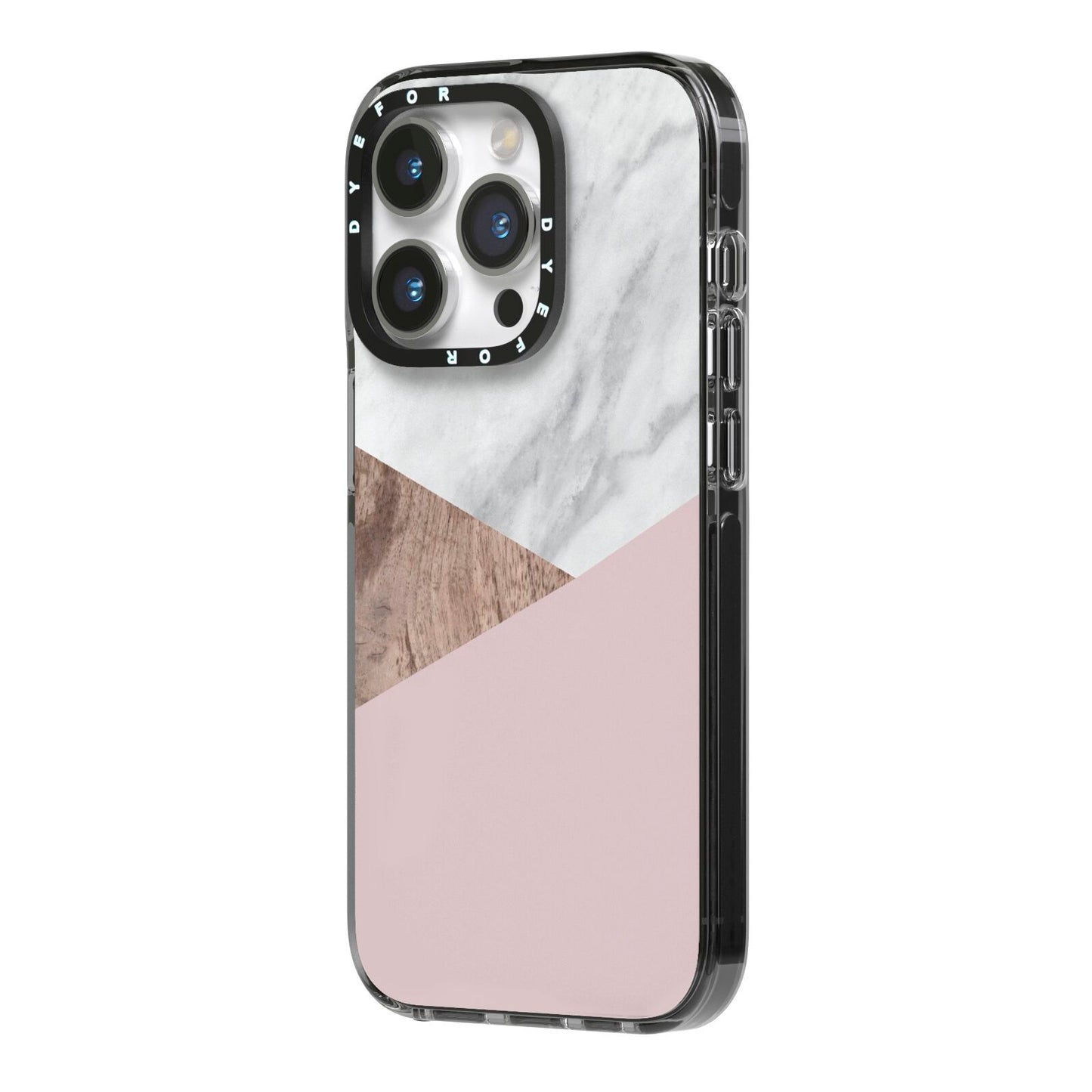 Marble Wood Geometric 3 iPhone 14 Pro Black Impact Case Side Angle on Silver phone