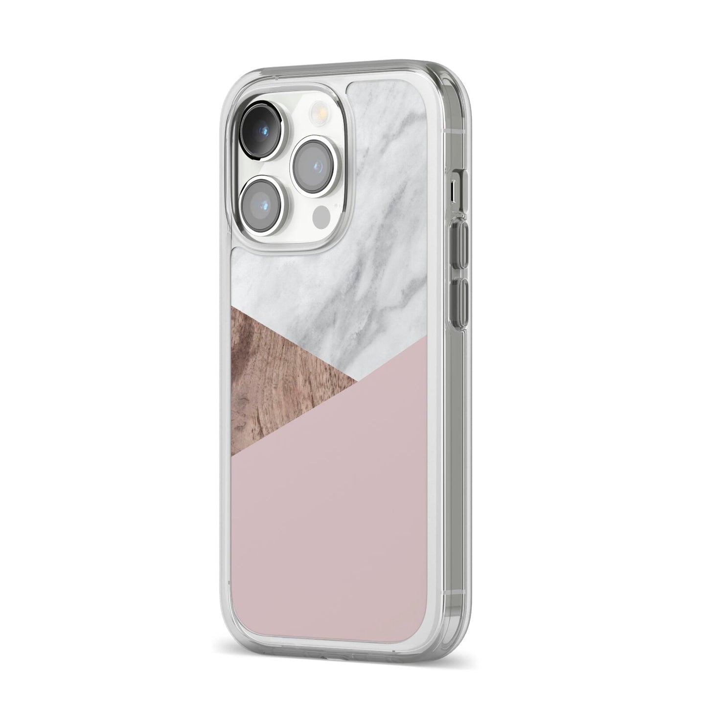 Marble Wood Geometric 3 iPhone 14 Pro Clear Tough Case Silver Angled Image