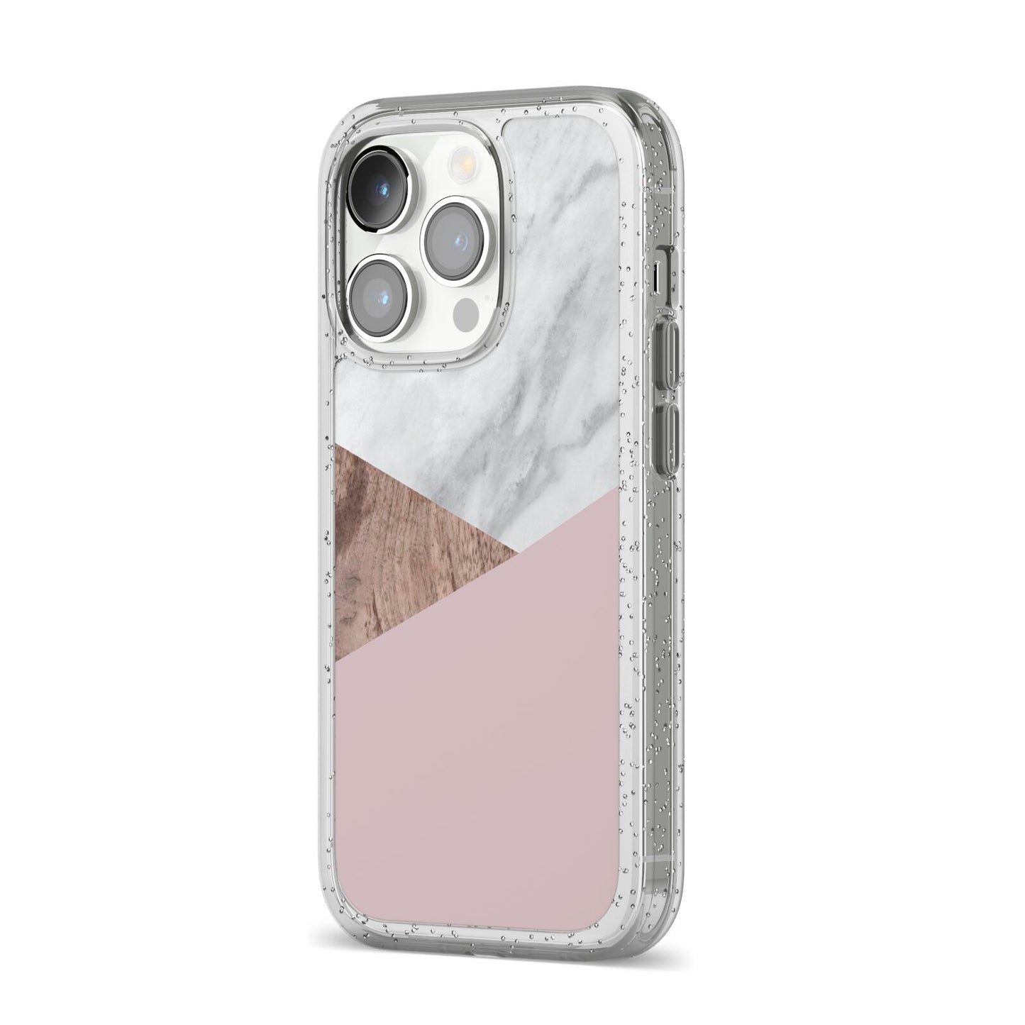 Marble Wood Geometric 3 iPhone 14 Pro Glitter Tough Case Silver Angled Image