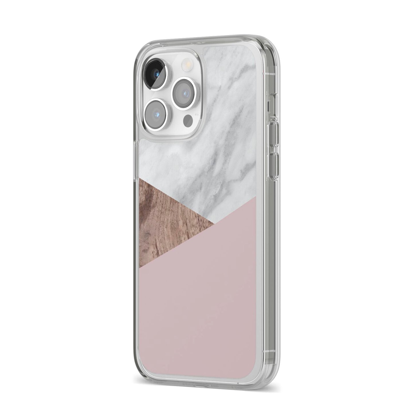 Marble Wood Geometric 3 iPhone 14 Pro Max Clear Tough Case Silver Angled Image