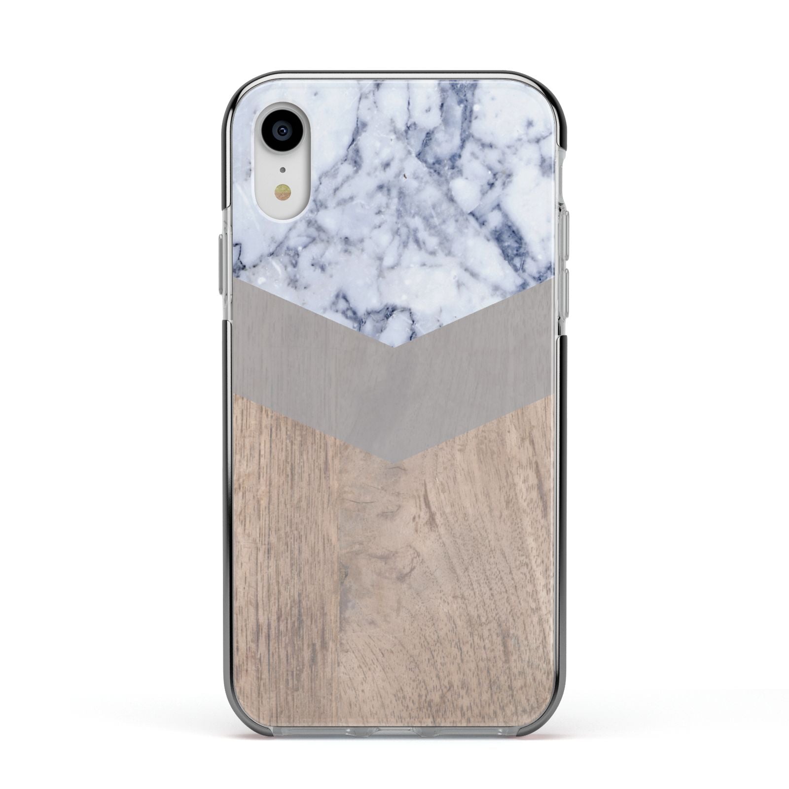 Marble Wood Geometric 4 Apple iPhone XR Impact Case Black Edge on Silver Phone