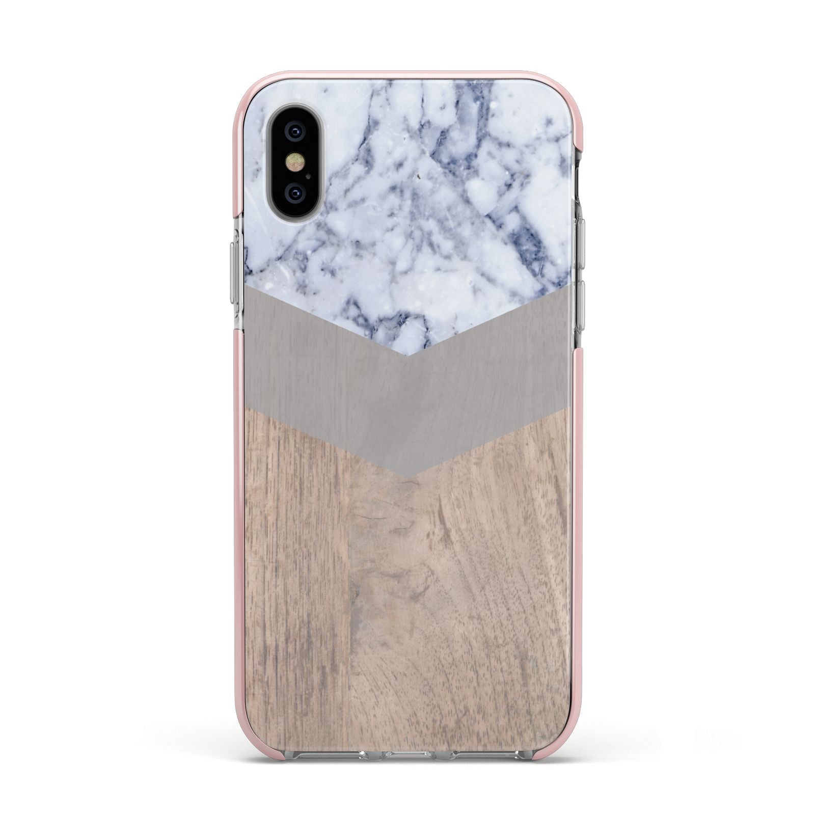 Marble Wood Geometric 4 Apple iPhone Xs Impact Case Pink Edge on Silver Phone