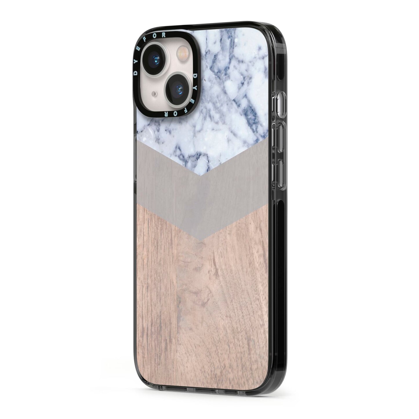 Marble Wood Geometric 4 iPhone 13 Black Impact Case Side Angle on Silver phone