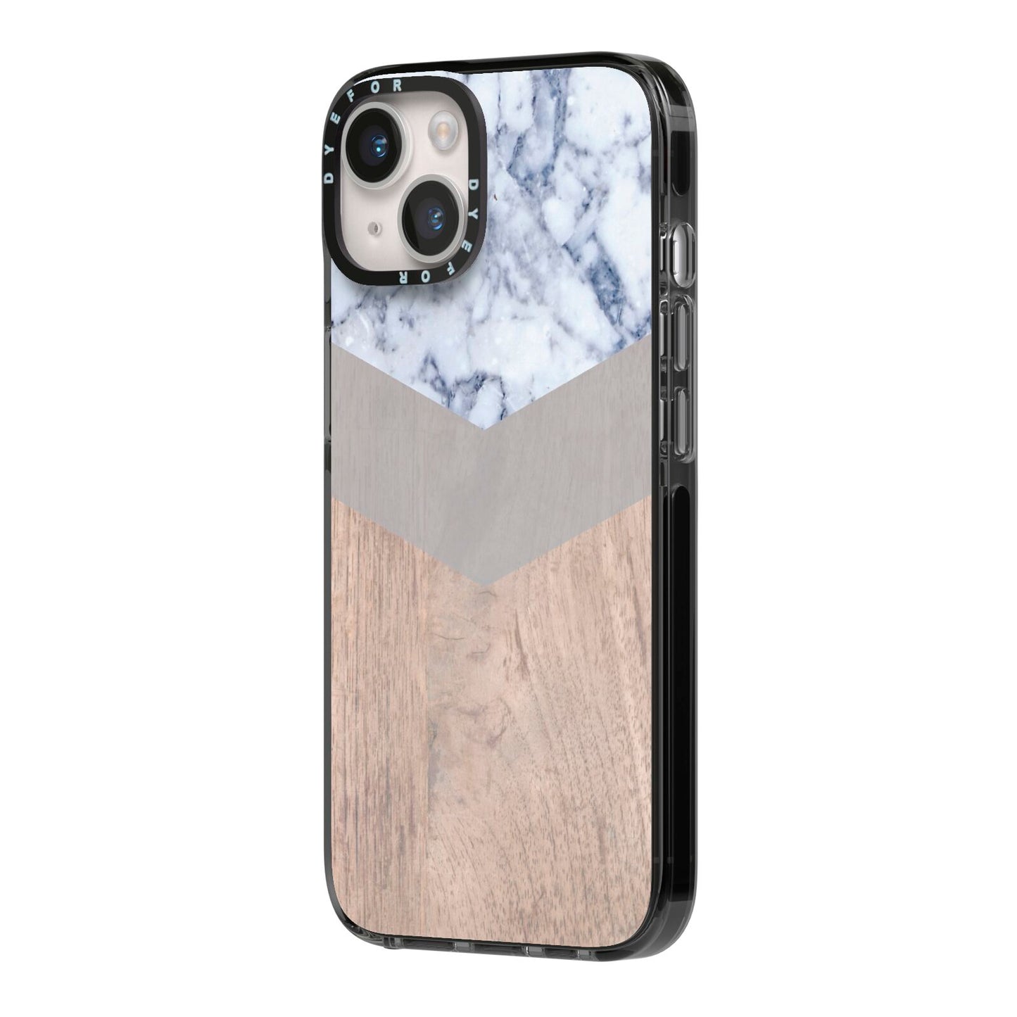 Marble Wood Geometric 4 iPhone 14 Black Impact Case Side Angle on Silver phone