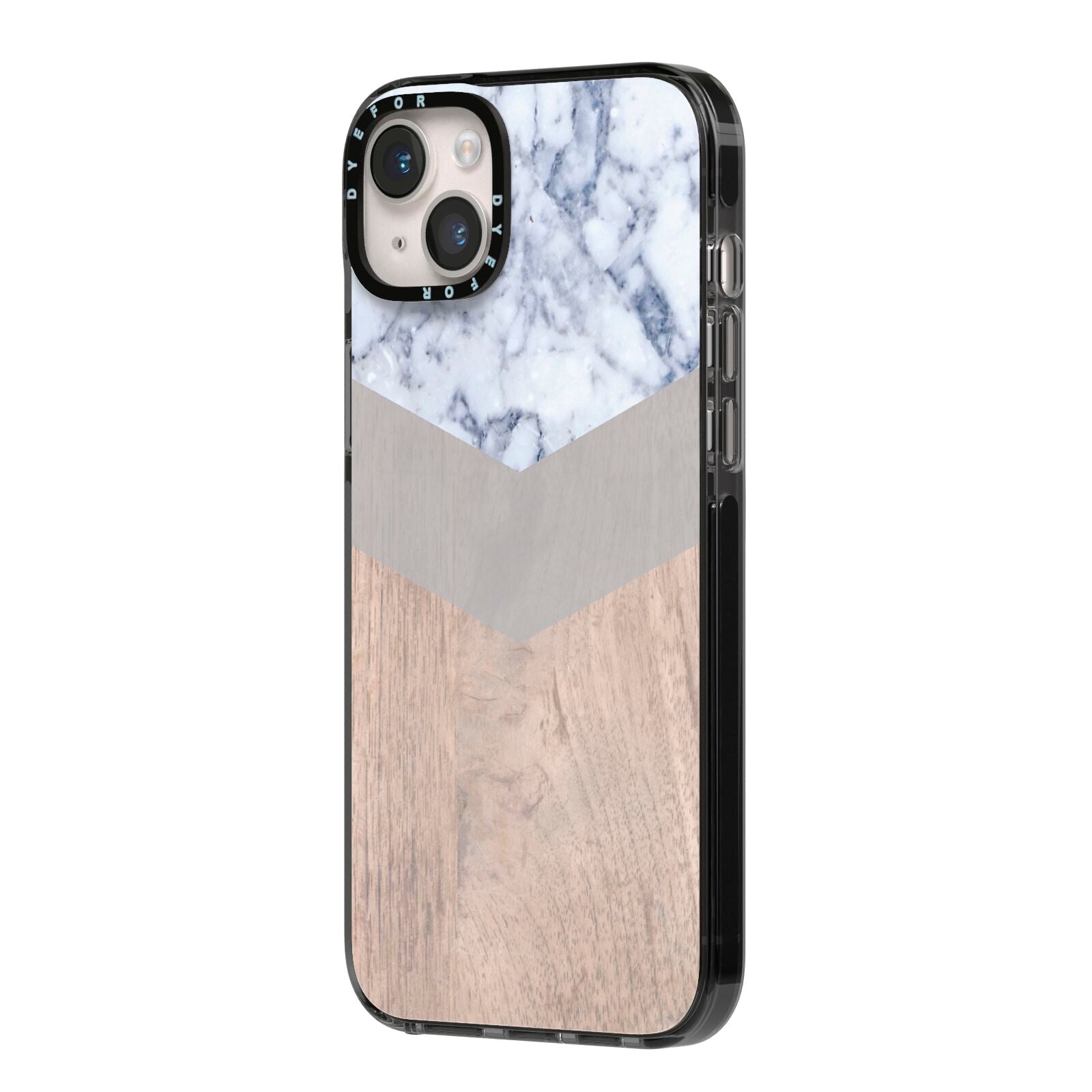 Marble Wood Geometric 4 iPhone 14 Plus Black Impact Case Side Angle on Silver phone
