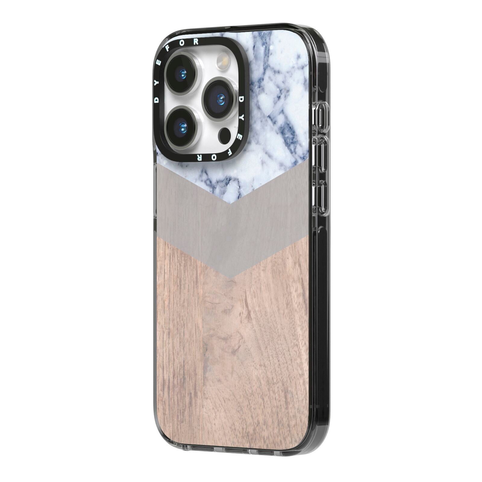 Marble Wood Geometric 4 iPhone 14 Pro Black Impact Case Side Angle on Silver phone