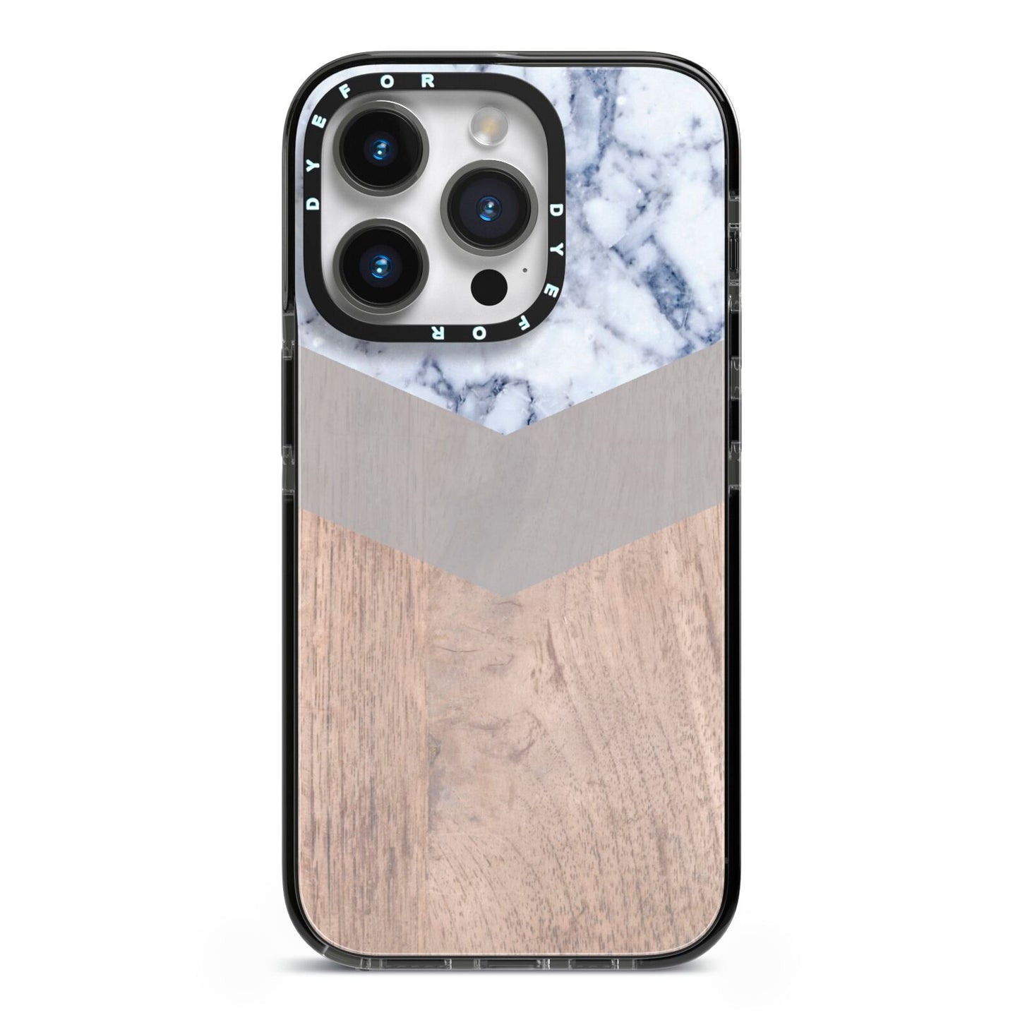 Marble Wood Geometric 4 iPhone 14 Pro Black Impact Case on Silver phone