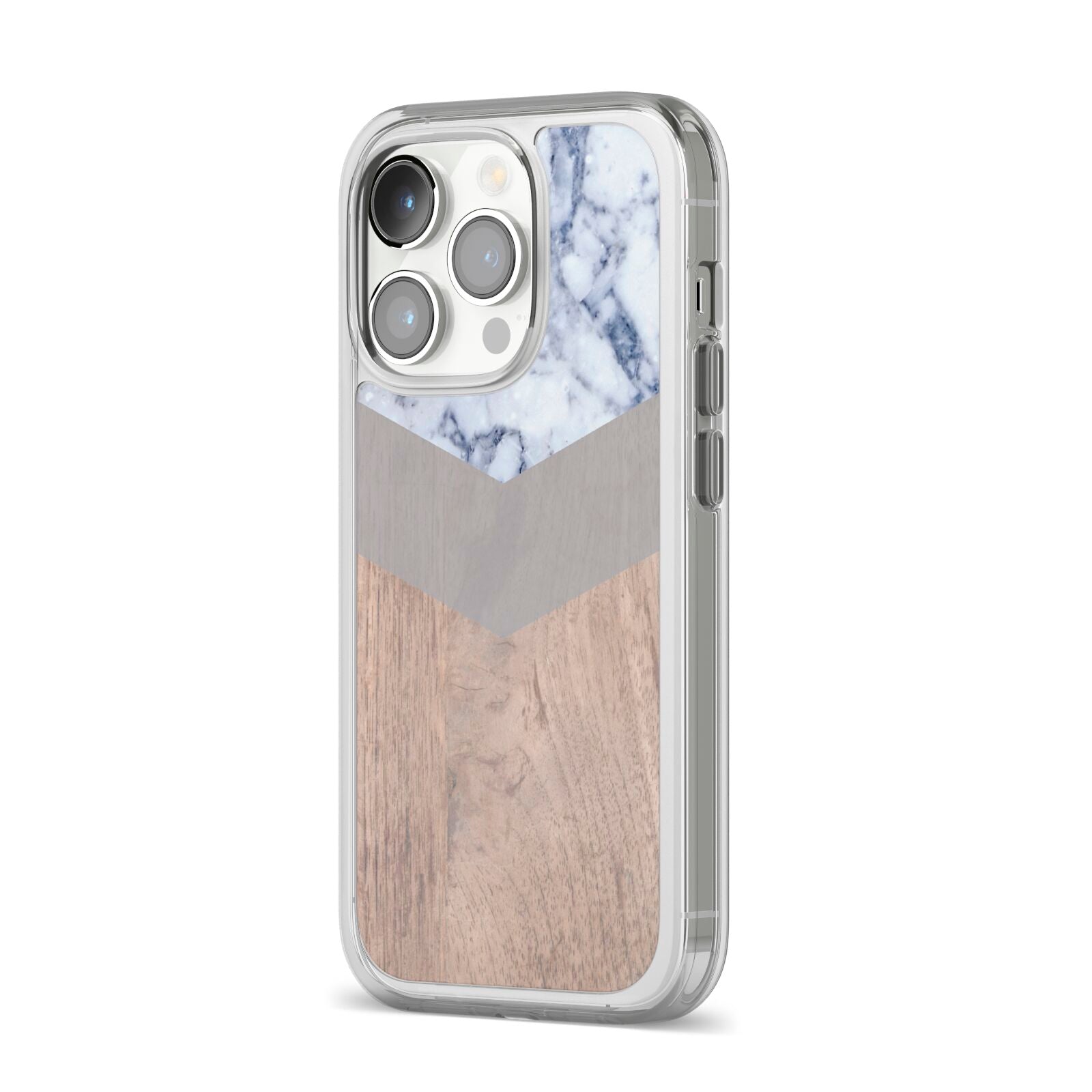 Marble Wood Geometric 4 iPhone 14 Pro Clear Tough Case Silver Angled Image