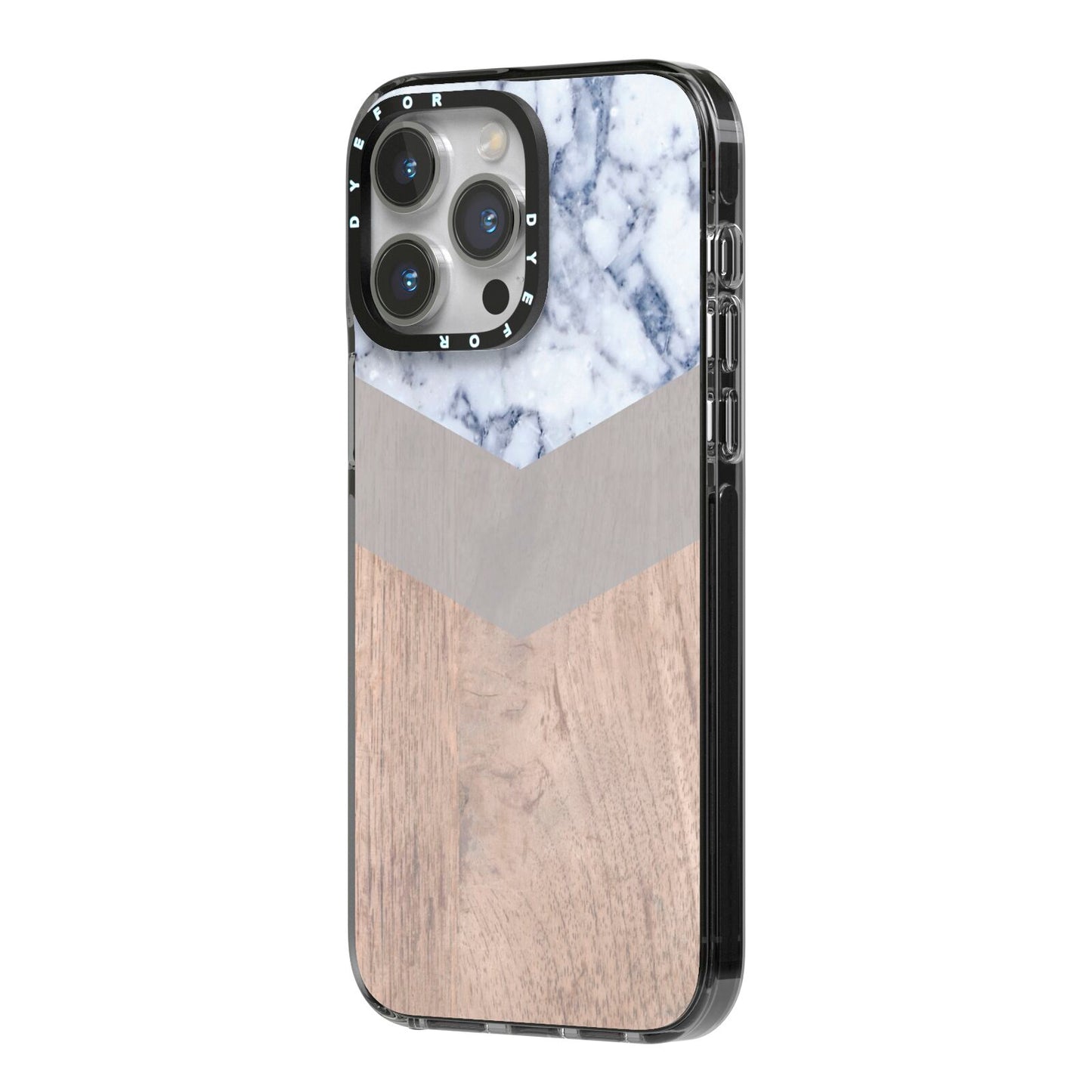 Marble Wood Geometric 4 iPhone 14 Pro Max Black Impact Case Side Angle on Silver phone