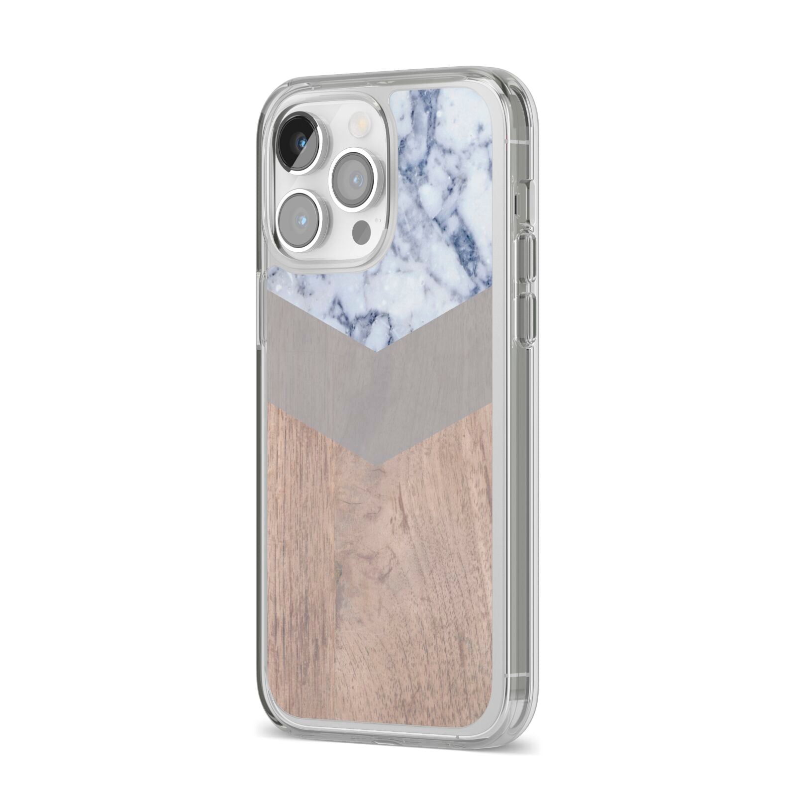 Marble Wood Geometric 4 iPhone 14 Pro Max Clear Tough Case Silver Angled Image