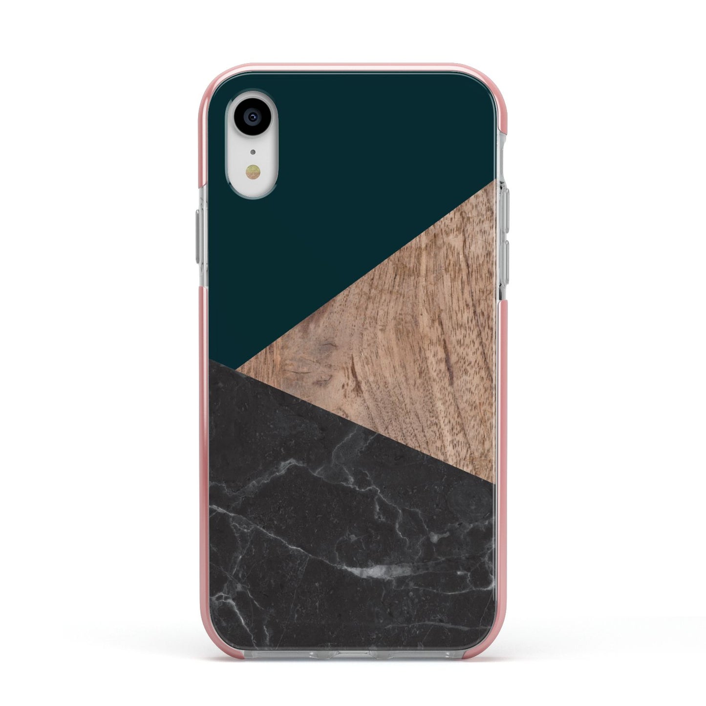 Marble Wood Geometric 6 Apple iPhone XR Impact Case Pink Edge on Silver Phone