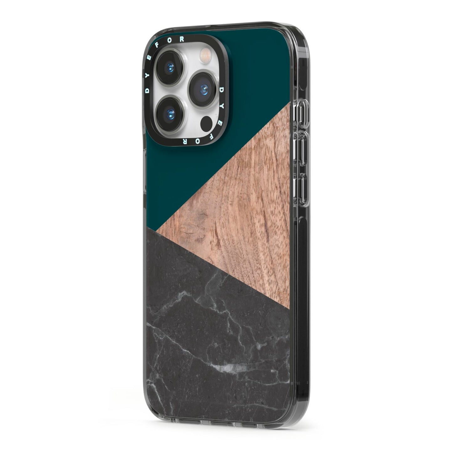 Marble Wood Geometric 6 iPhone 13 Pro Black Impact Case Side Angle on Silver phone