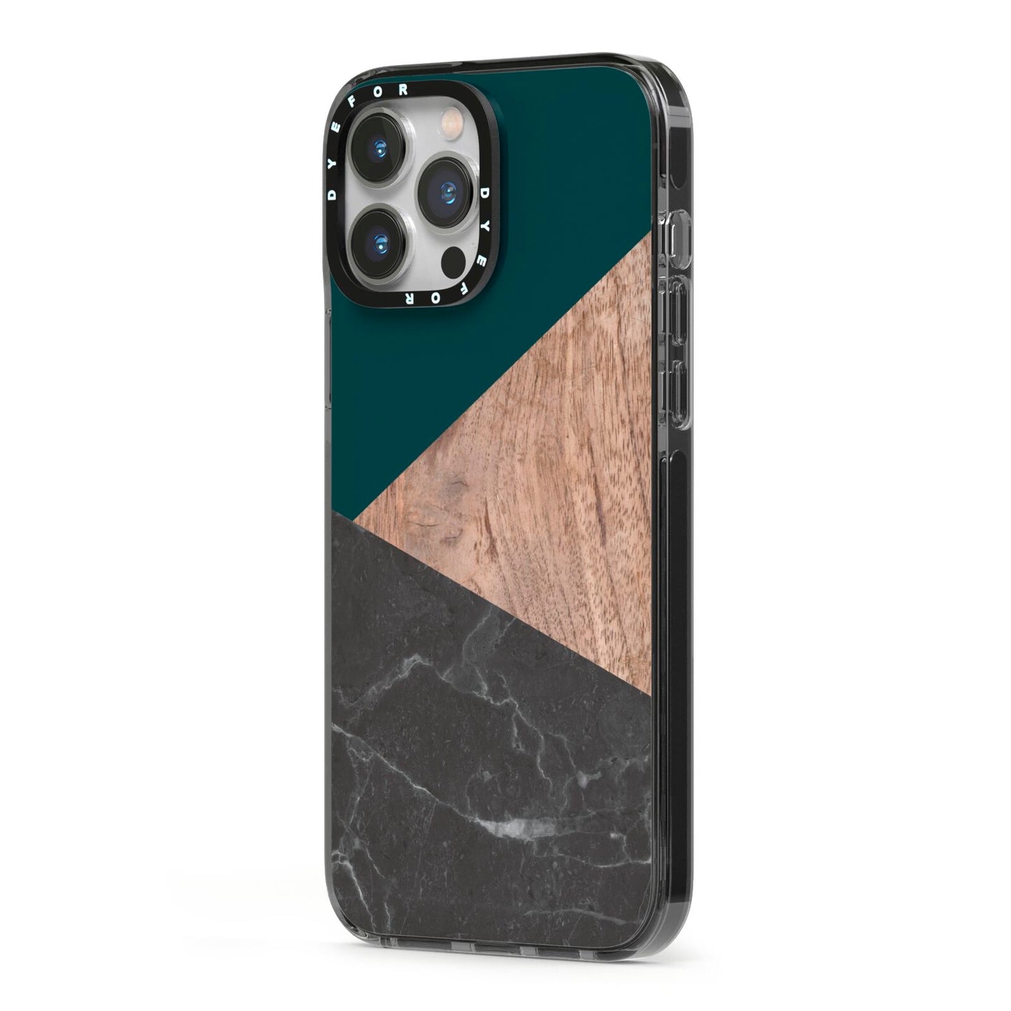Marble Wood Geometric 6 iPhone 13 Pro Max Black Impact Case Side Angle on Silver phone