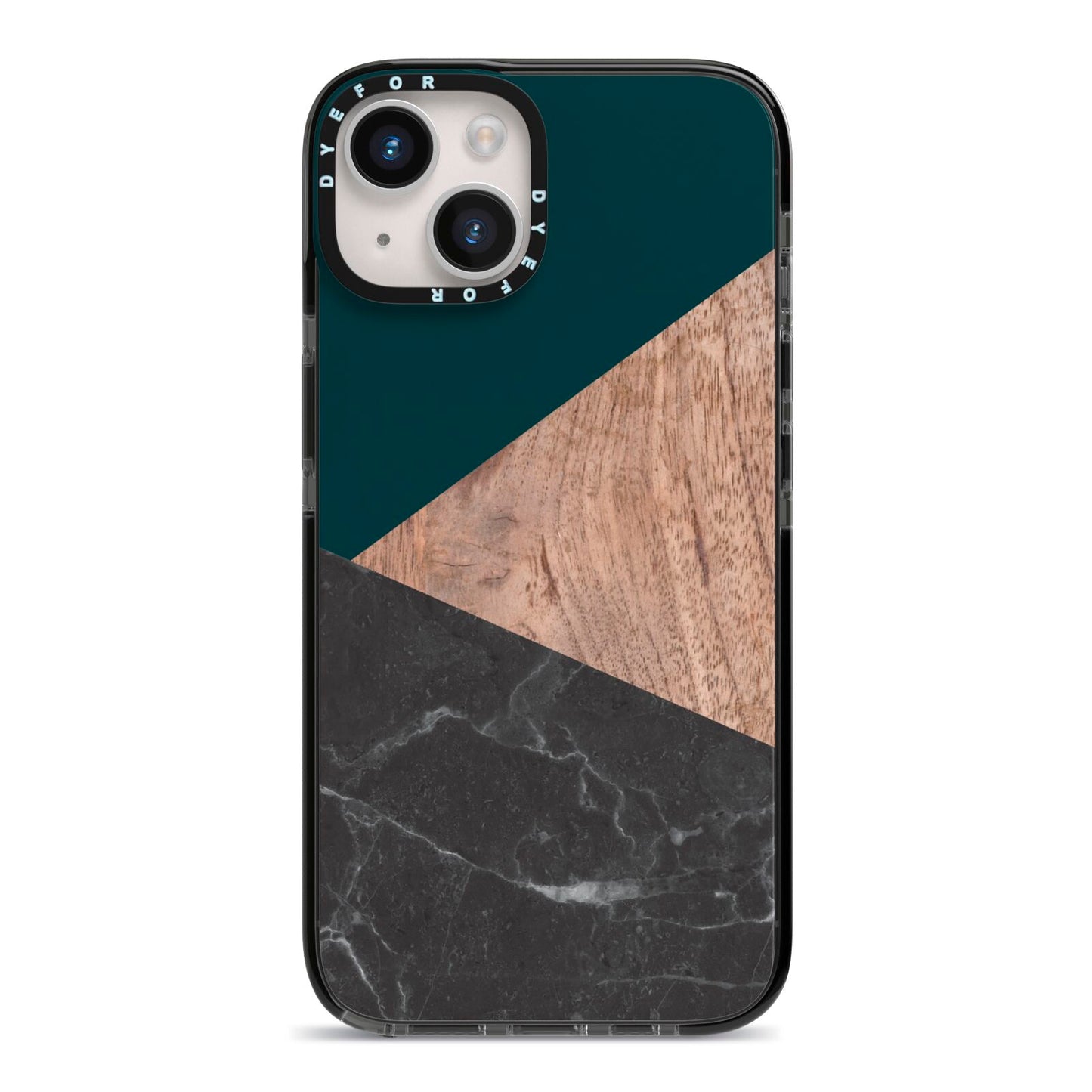 Marble Wood Geometric 6 iPhone 14 Black Impact Case on Silver phone