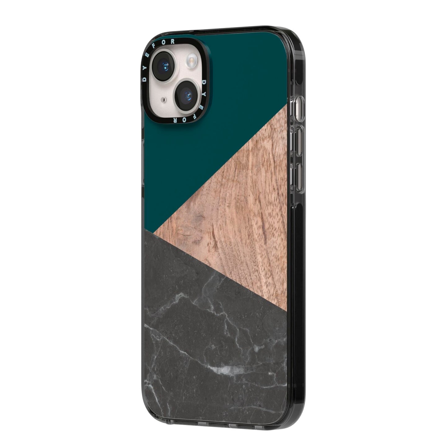 Marble Wood Geometric 6 iPhone 14 Plus Black Impact Case Side Angle on Silver phone