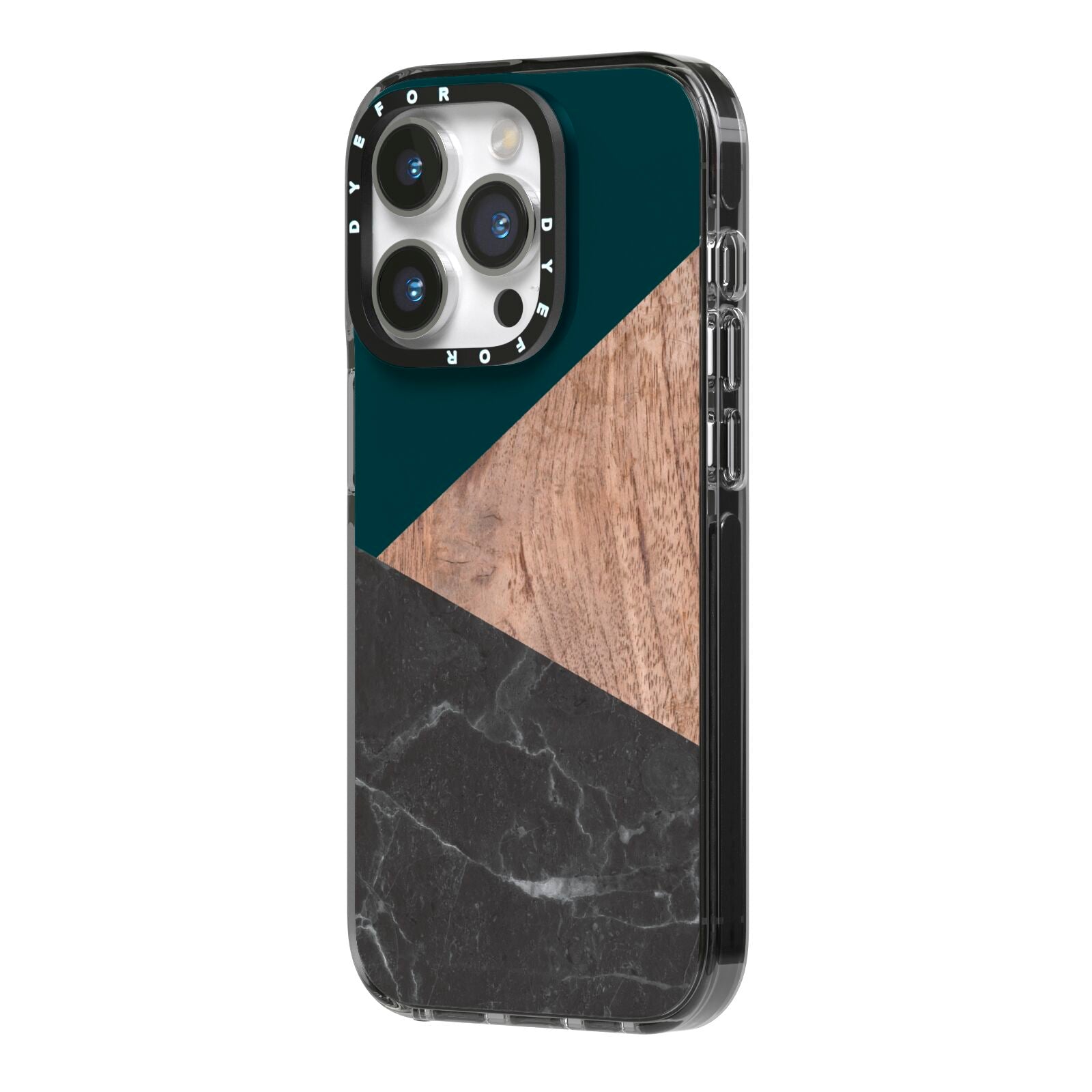 Marble Wood Geometric 6 iPhone 14 Pro Black Impact Case Side Angle on Silver phone