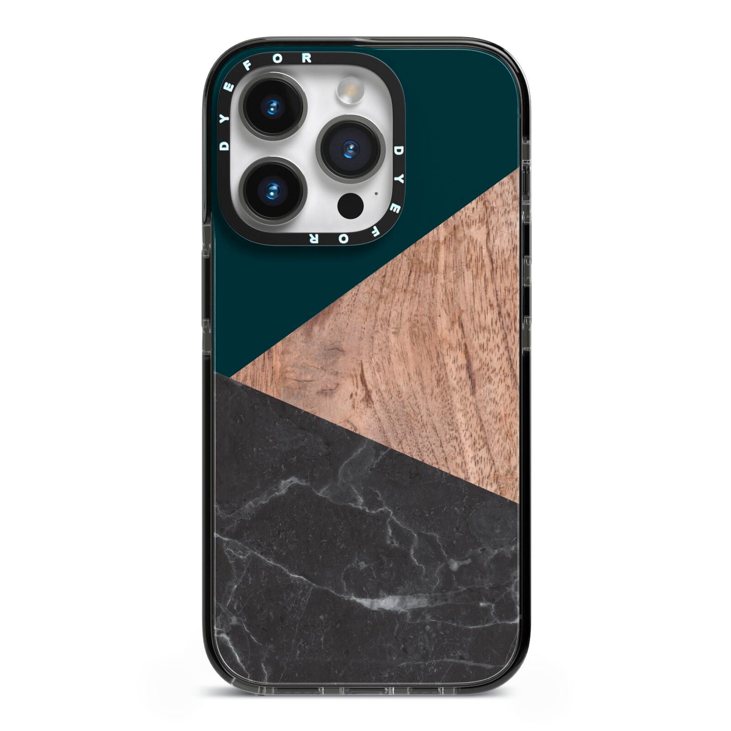 Marble Wood Geometric 6 iPhone 14 Pro Black Impact Case on Silver phone