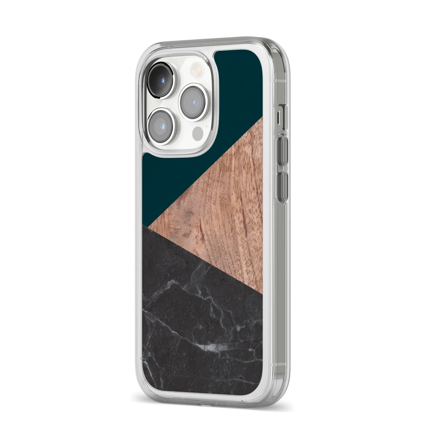 Marble Wood Geometric 6 iPhone 14 Pro Clear Tough Case Silver Angled Image