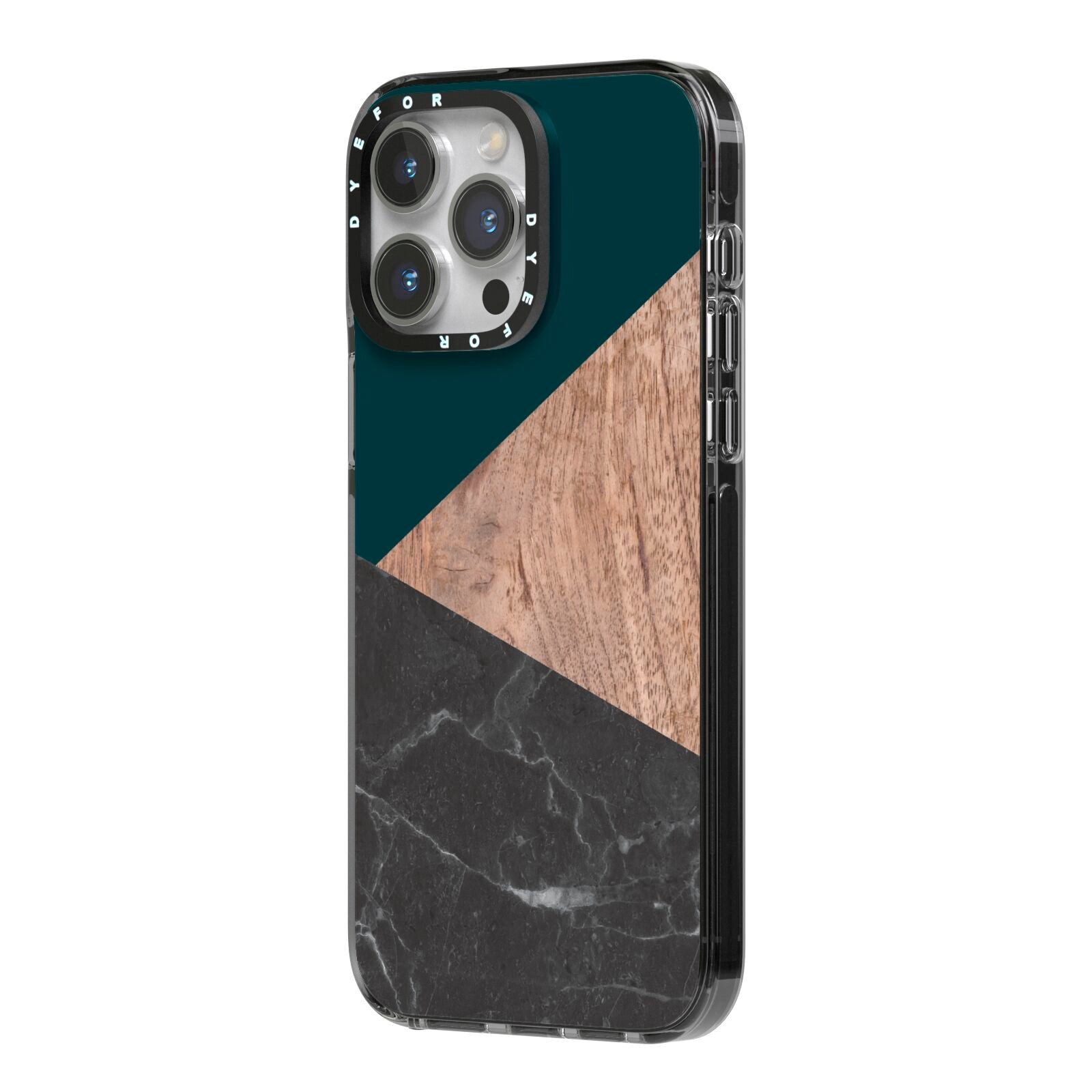 Marble Wood Geometric 6 iPhone 14 Pro Max Black Impact Case Side Angle on Silver phone