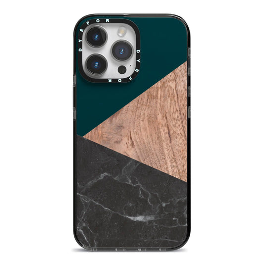 Marble Wood Geometric 6 iPhone 14 Pro Max Black Impact Case on Silver phone