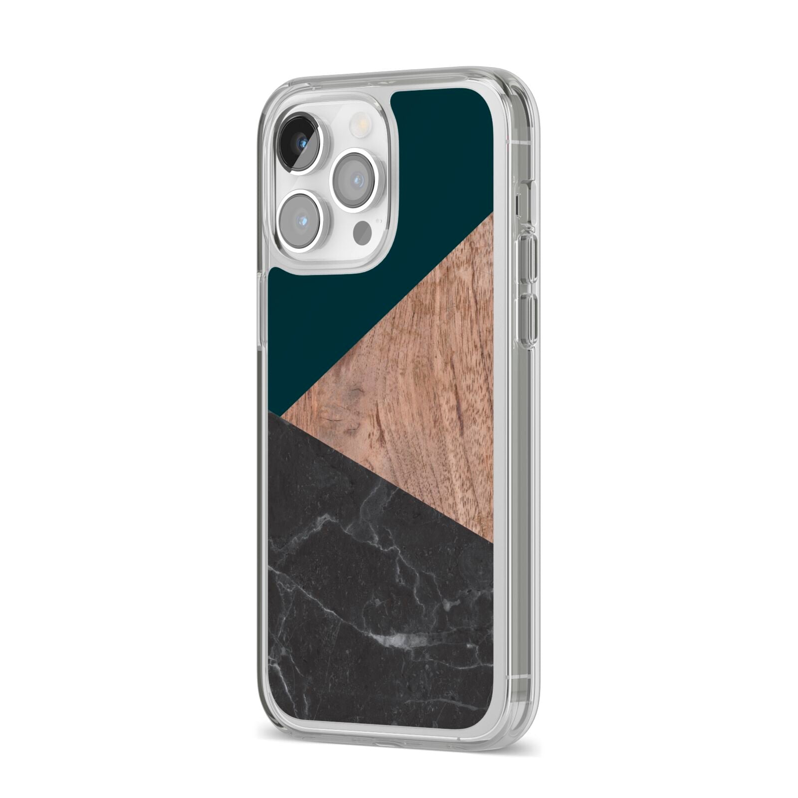 Marble Wood Geometric 6 iPhone 14 Pro Max Clear Tough Case Silver Angled Image