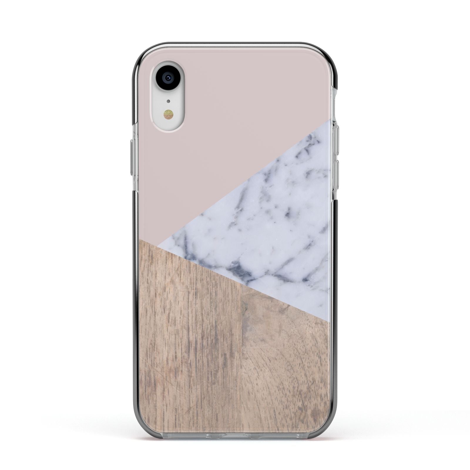 Marble Wood Geometric 7 Apple iPhone XR Impact Case Black Edge on Silver Phone